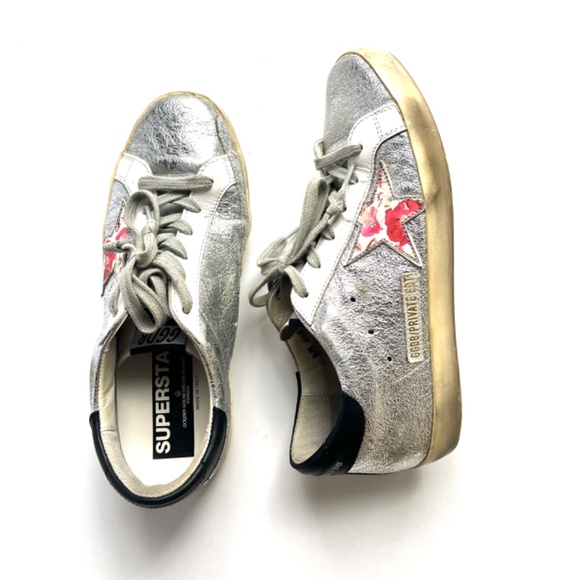 Golden Goose Superstar Silver White Pink Floral Low Top Sneakers 38 8 - Picture 1 of 13